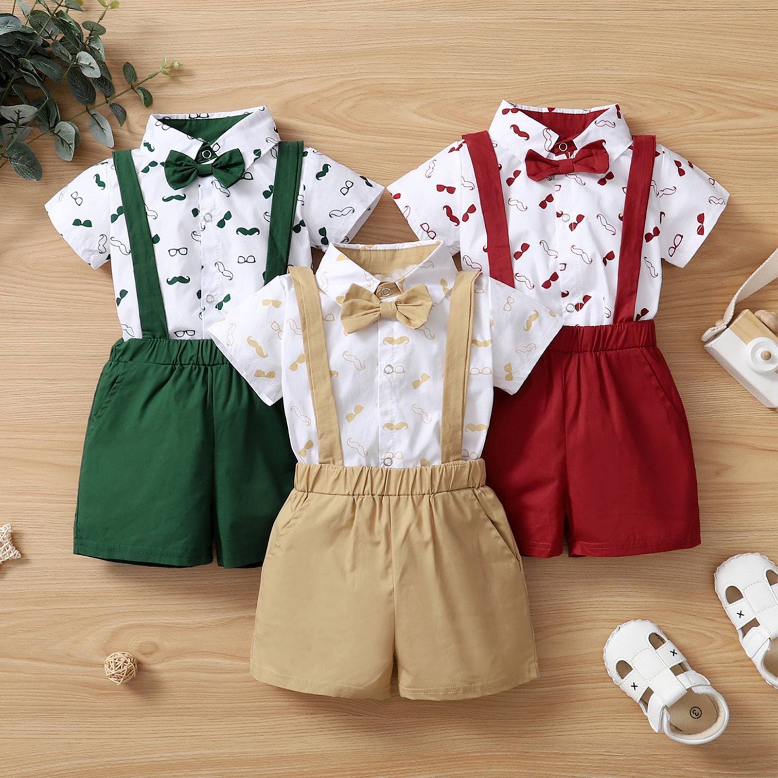 Bebê meninos roupas conjunto, barba estampado manga curta lapela pescoço camis