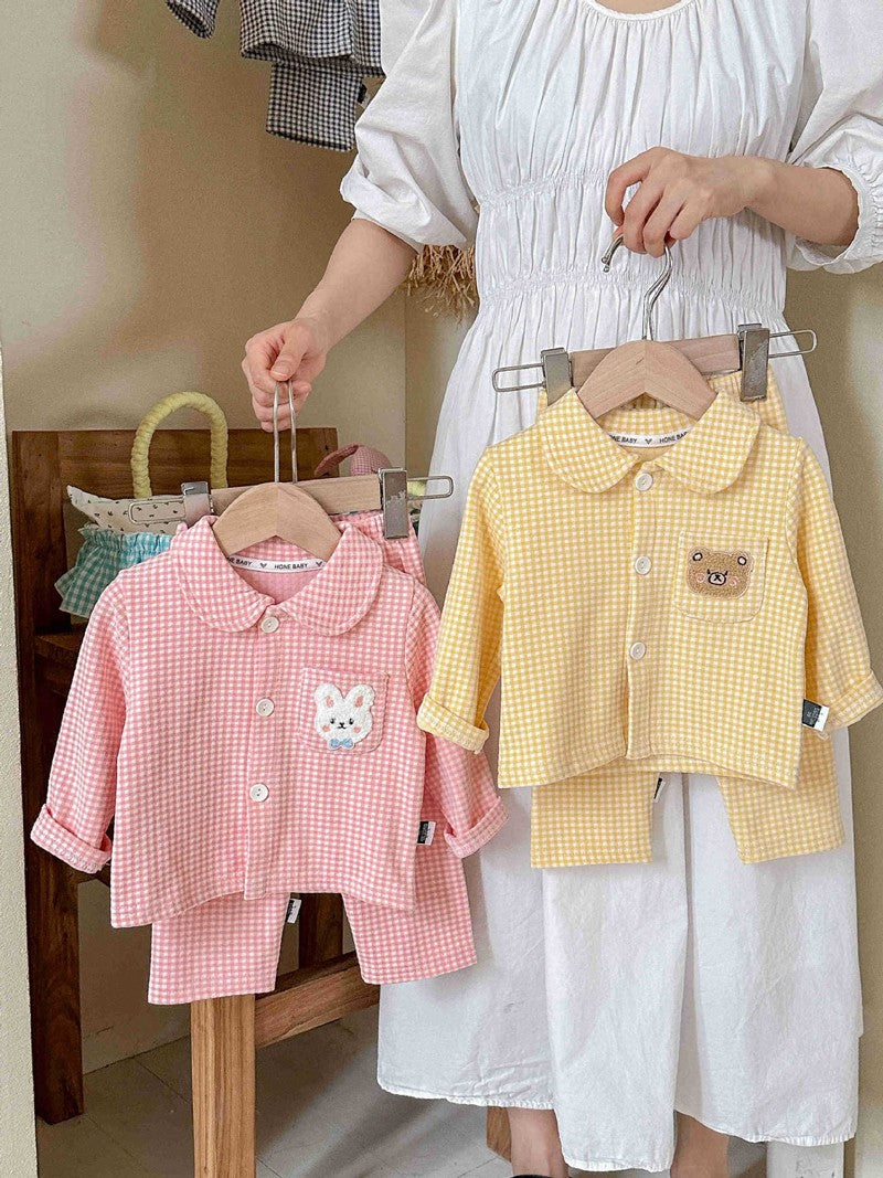 Conjunto de pijamas de manga comprida para crianças clássico xadrez menino men