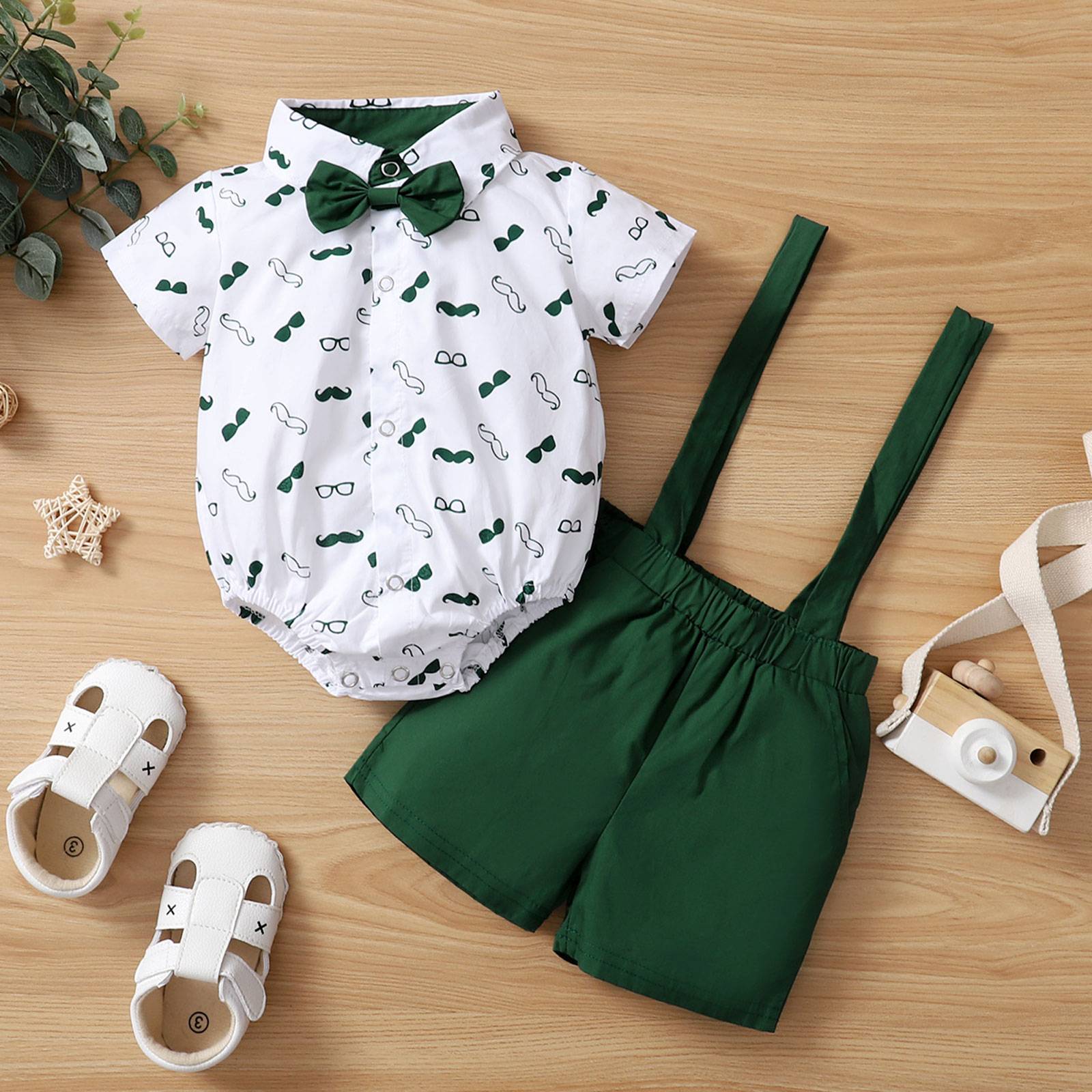 Bebê meninos roupas conjunto, barba estampado manga curta lapela pescoço camis