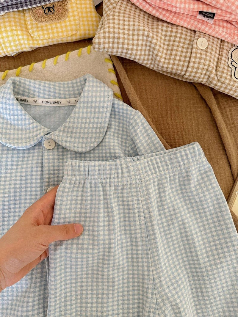Conjunto de pijamas de manga comprida para crianças clássico xadrez menino men