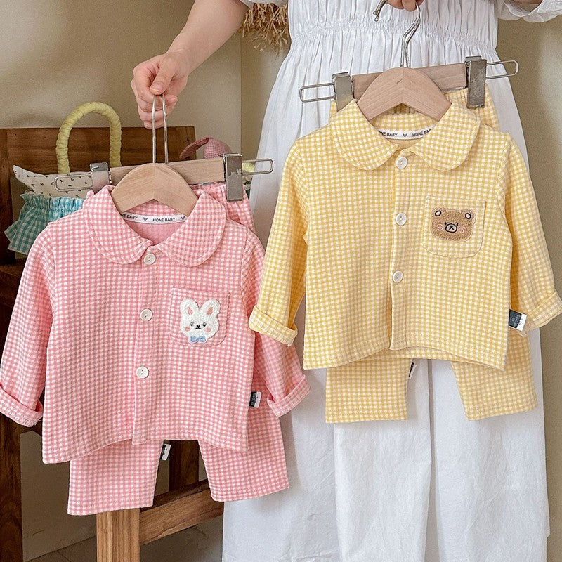 Conjunto de pijamas de manga comprida para crianças clássico xadrez menino men