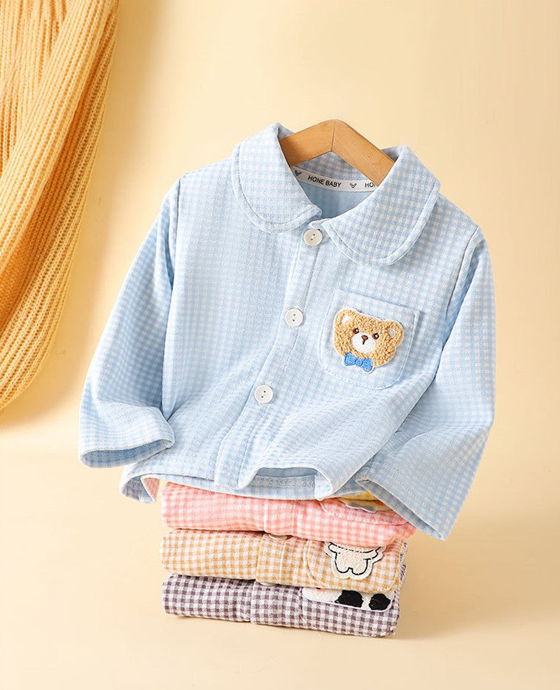 Conjunto de pijamas de manga comprida para crianças clássico xadrez menino men