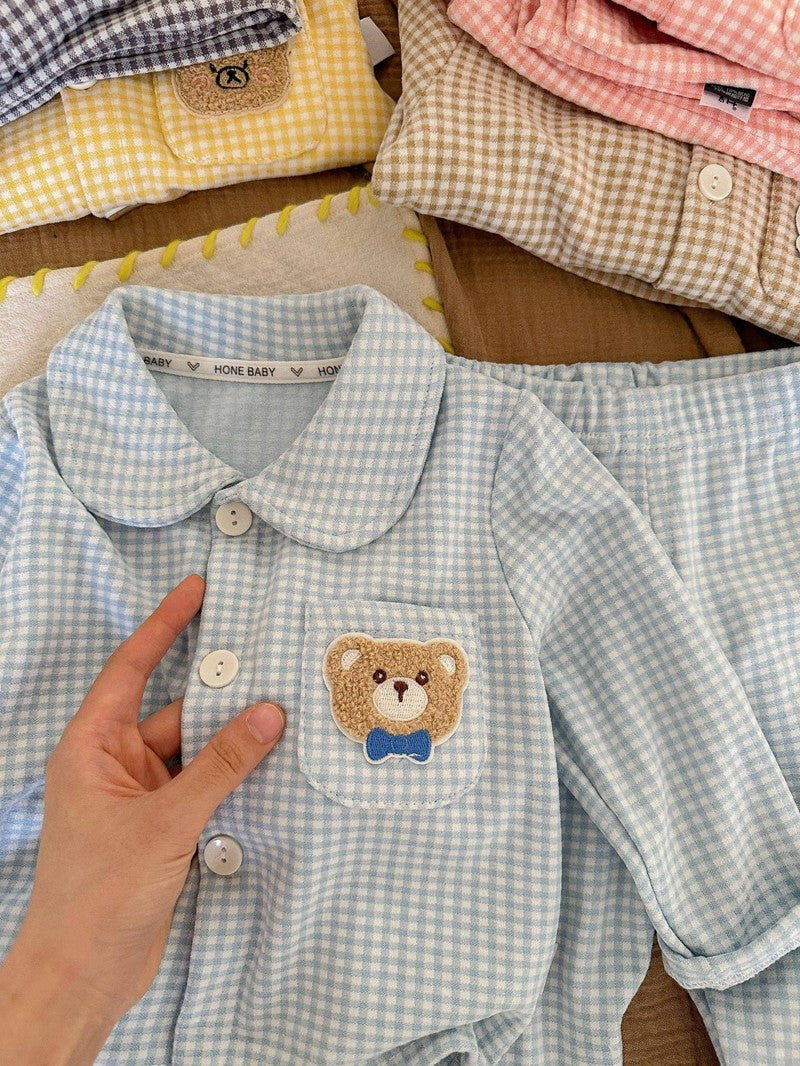 Conjunto de pijamas de manga comprida para crianças clássico xadrez menino men
