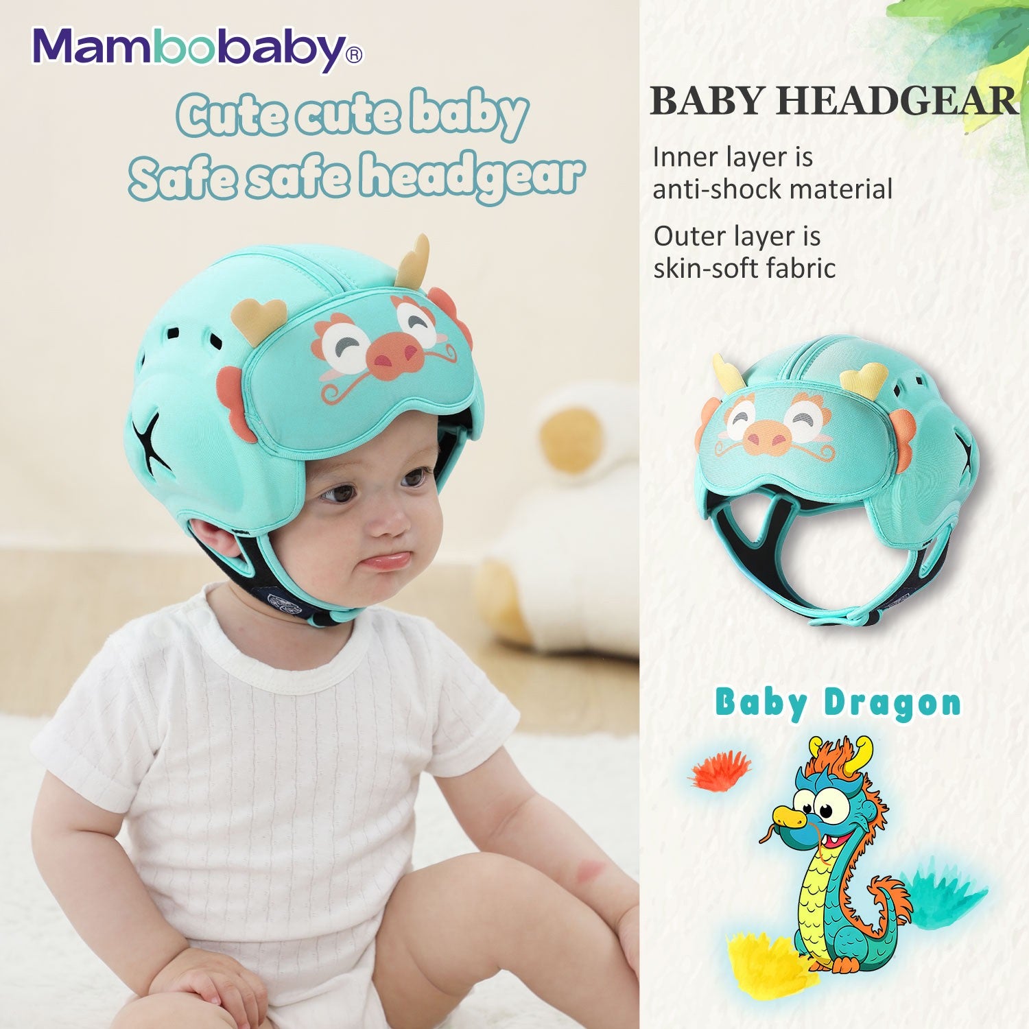 Capacete de Proteção Anti-Impacto para Bebê Mambobaby Guard - Leve, Respirável e com Design Fofo de Animais