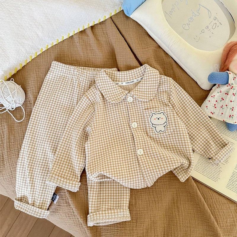 Conjunto de pijamas de manga comprida para crianças clássico xadrez menino men
