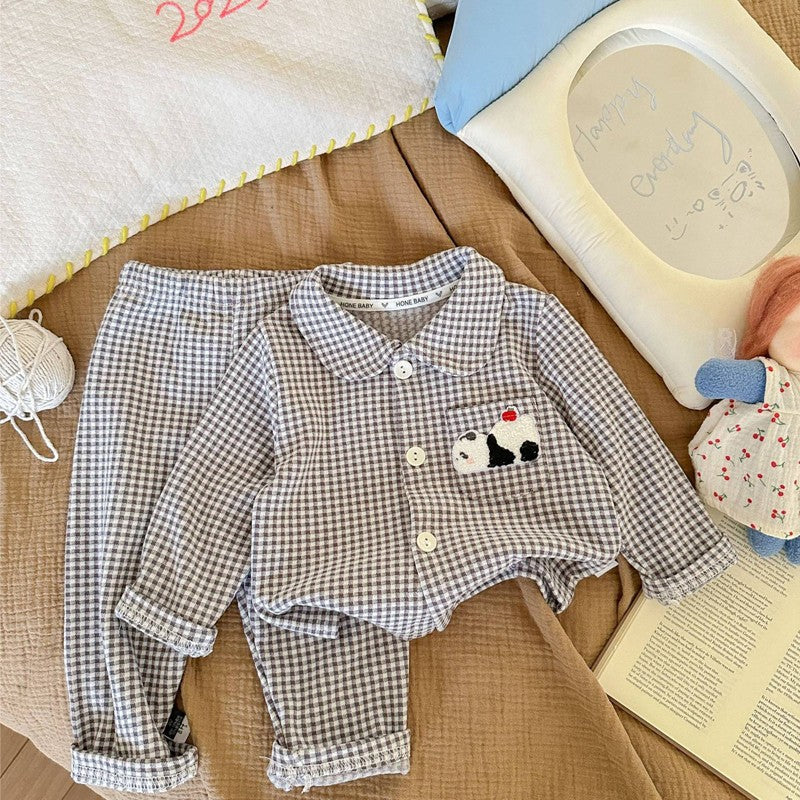 Conjunto de pijamas de manga comprida para crianças clássico xadrez menino men