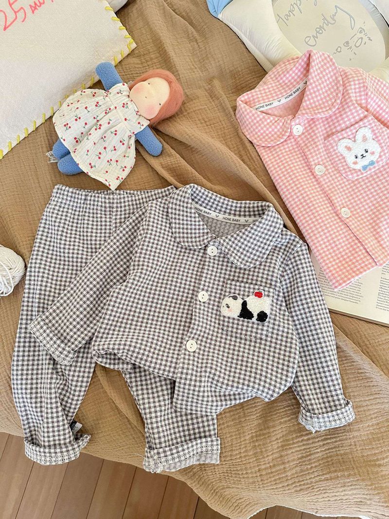 Conjunto de pijamas de manga comprida para crianças clássico xadrez menino men