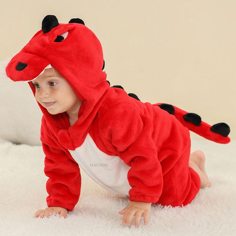 Trajes de dinossauro vermelho macacão de bebê recém-nascido criança cosplay
