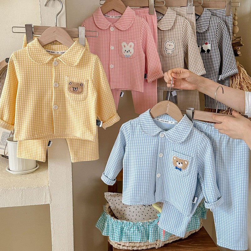 Conjunto de pijamas de manga comprida para crianças clássico xadrez menino men