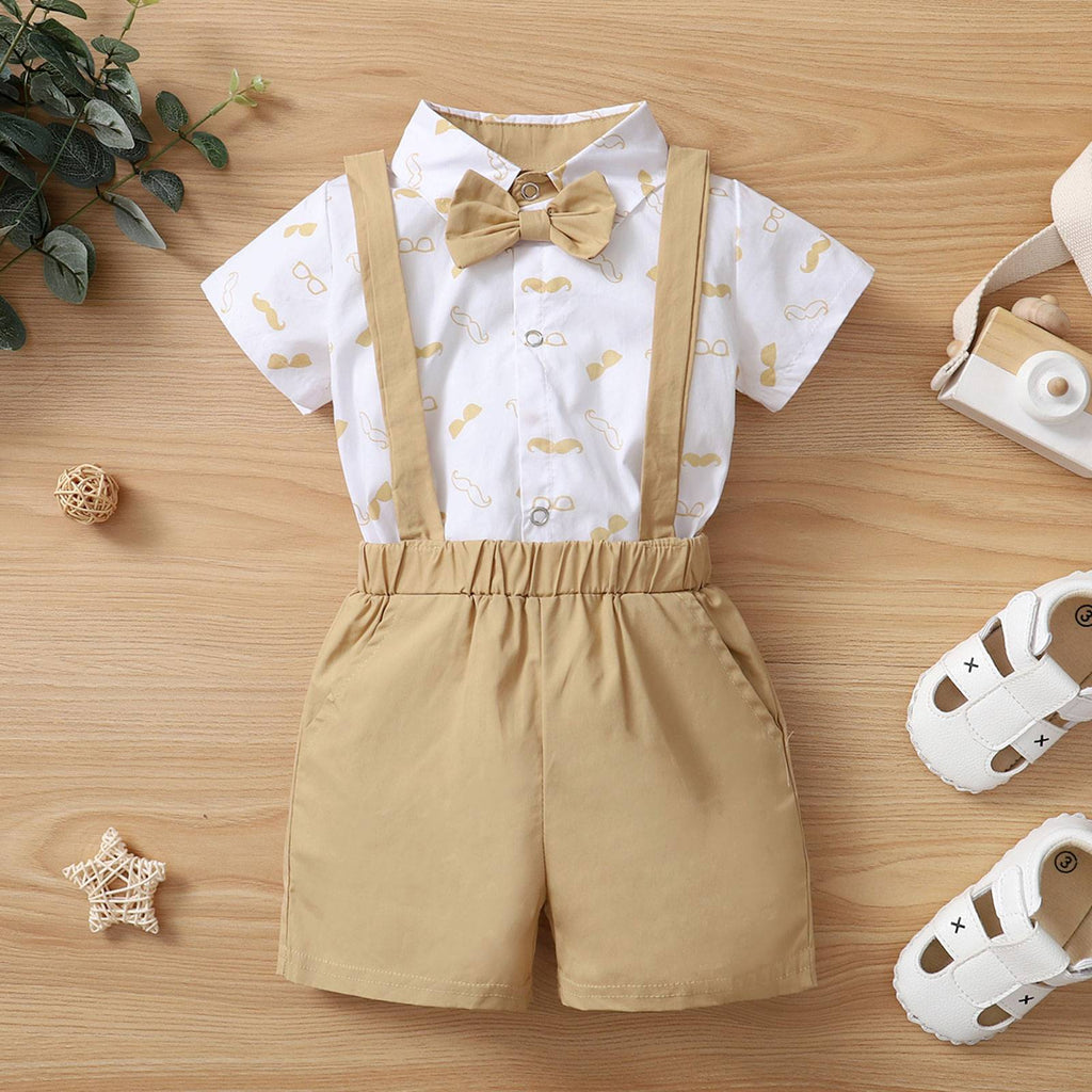 Bebê meninos roupas conjunto, barba estampado manga curta lapela pescoço camis