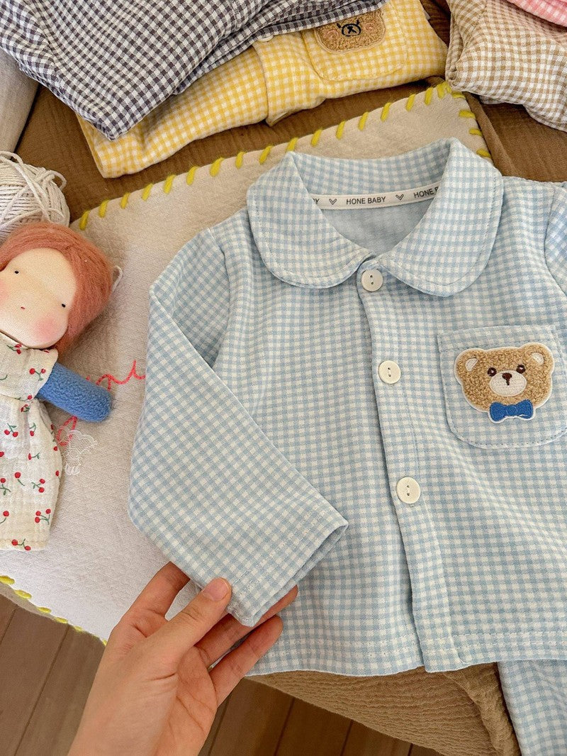 Conjunto de pijamas de manga comprida para crianças clássico xadrez menino men