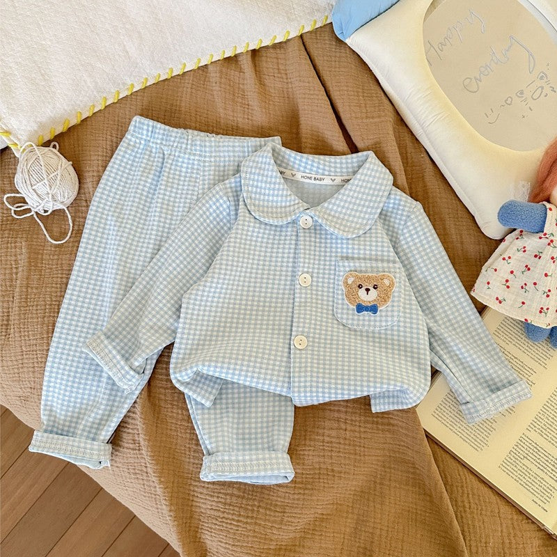 Conjunto de pijamas de manga comprida para crianças clássico xadrez menino men