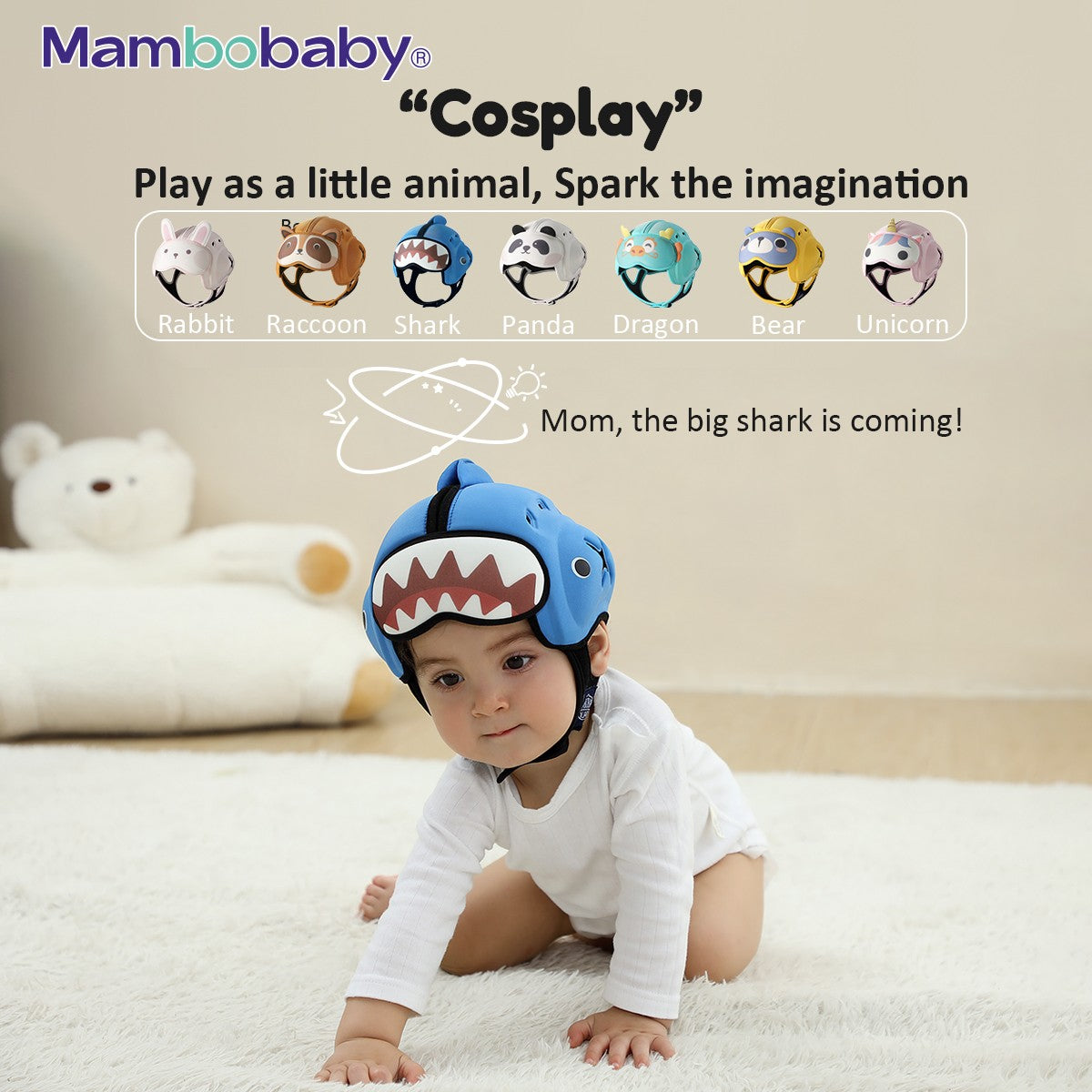 Capacete de Proteção Anti-Impacto para Bebê Mambobaby Guard - Leve, Respirável e com Design Fofo de Animais