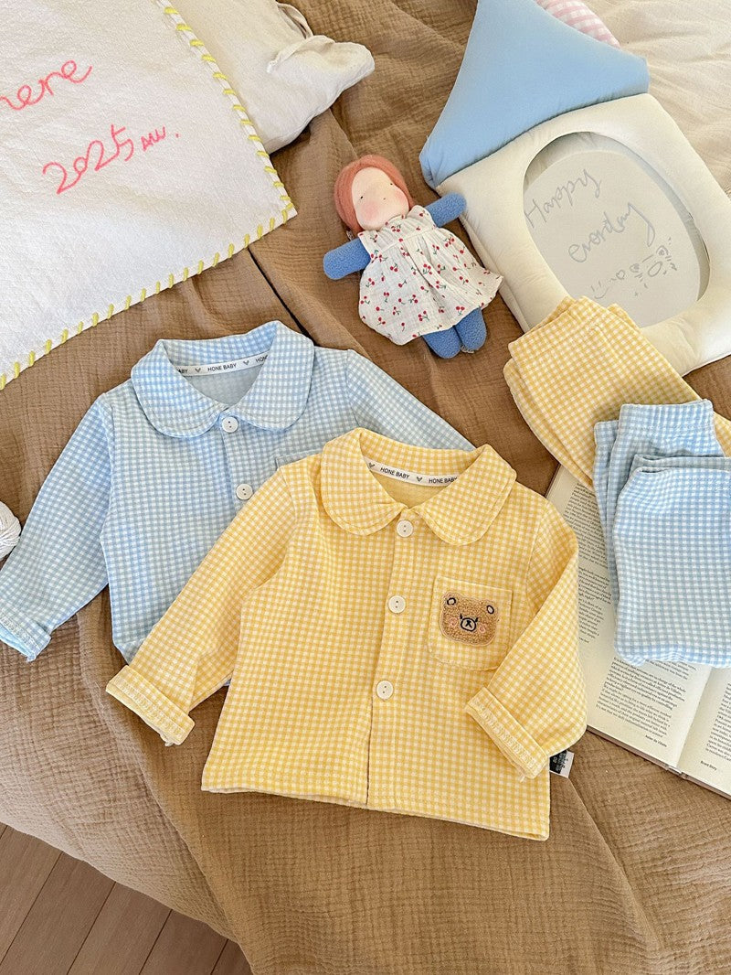 Conjunto de pijamas de manga comprida para crianças clássico xadrez menino men