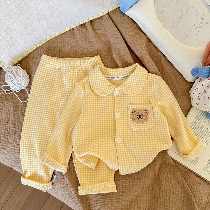 Conjunto de pijamas de manga comprida para crianças clássico xadrez menino men
