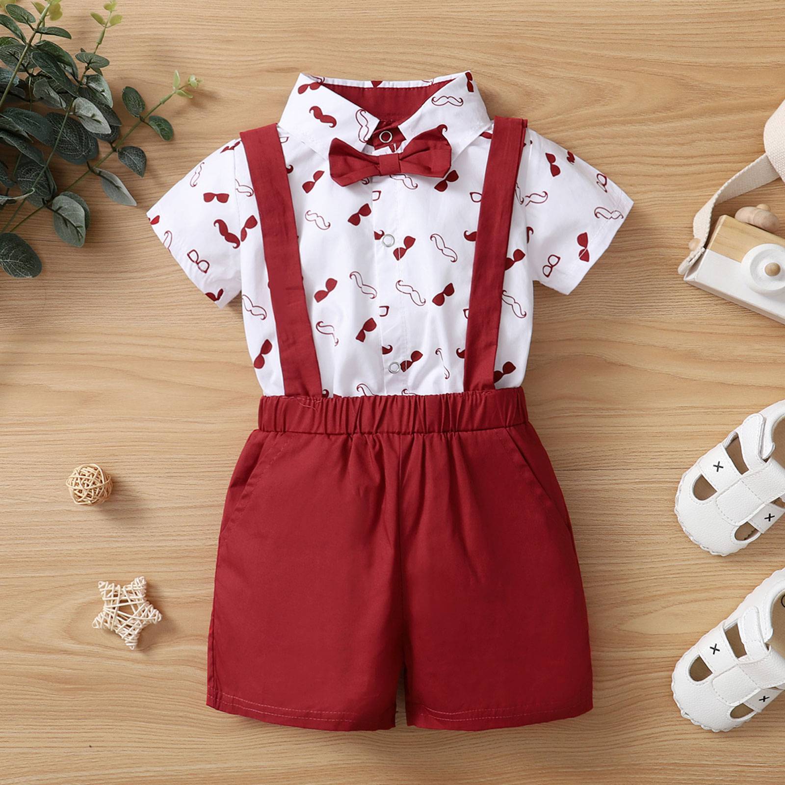 Bebê meninos roupas conjunto, barba estampado manga curta lapela pescoço camis