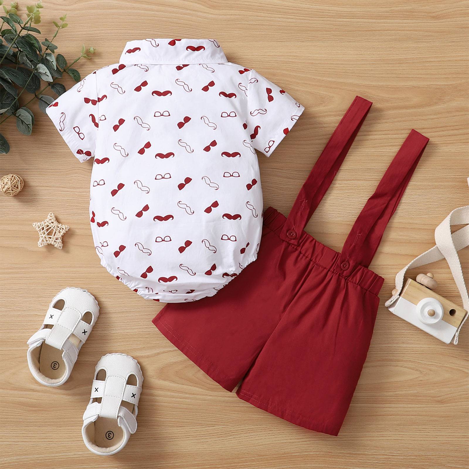 Bebê meninos roupas conjunto, barba estampado manga curta lapela pescoço camis