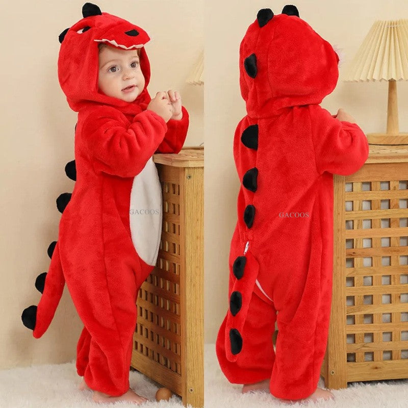 Trajes de dinossauro vermelho macacão de bebê recém-nascido criança cosplay